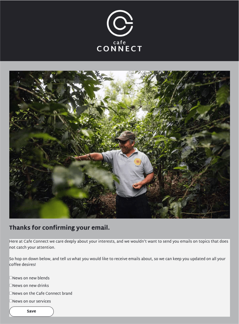 Web page with forms created in Agillic for customers to subscribe and manage news preferences.
